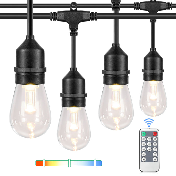 Lakumu 3 Color Dimmable LED Outdoor String Lights with Remotes, 48FT E26 S14 LED Bulbs