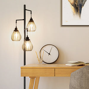 Lakumu Industrial Floor Lamp, Tree Floor Lamp with 3 Elegant Teardrop Cage Head& ST58 Edison LED Bulbs, for Farmhouse Rustic Home Bedroom Office