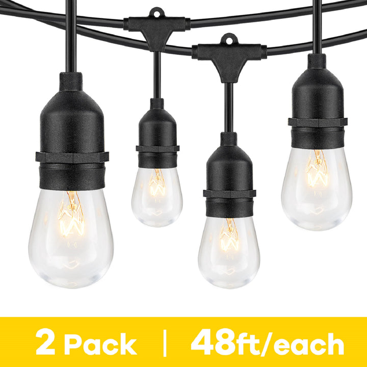Lakumu 2-Pack 96FT Outdoor String Lights with Dimmable 11W Edison Vintage Bulbs, 2700K Warm White, Black