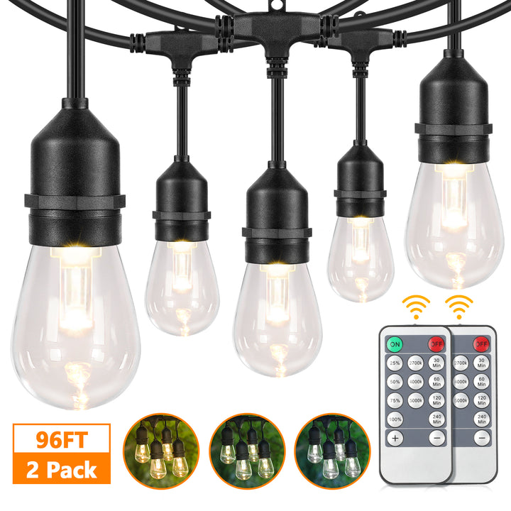 Lakumu 2 Pack 3 Color Dimmable LED Outdoor String Lights with Remotes, 48FT E26 S14 LED Bulbs
