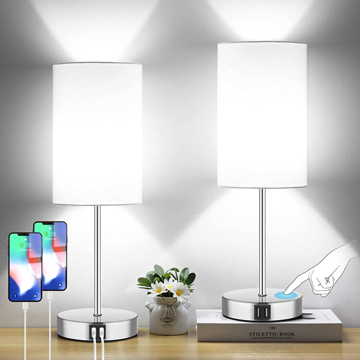 Lakumu Set of 2 Way Dimmable Touch Control Table Lamps, with USB Charging Ports & AC Outlet, 5000K LED Bulb Included
