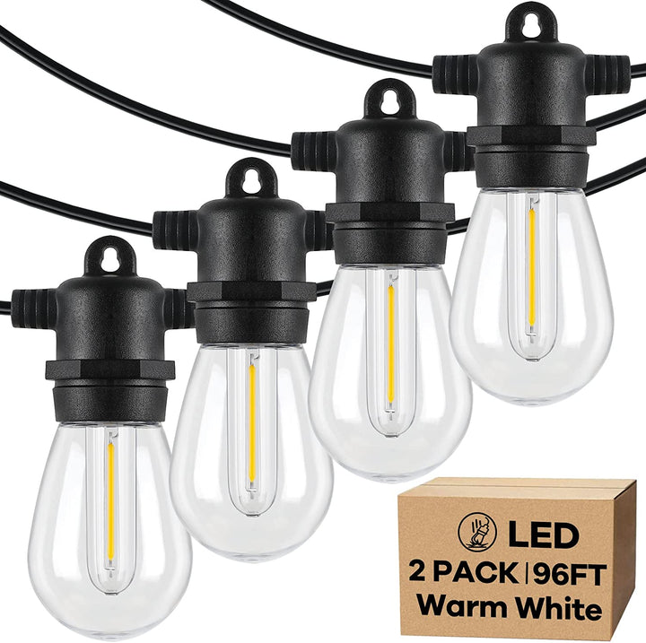 2-Pack 96FT(48×2) Outdoor String Lights with Dimmable 2700K E12 LED Filament Bulbs, Linkable Commercial Grade, Black