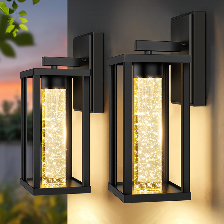 2-Pack Outdoor Wall Lights Fixture, Exterior Waterproof 10W Matte Black Outdoor Wall Lanterns Sconces with Crystal Bubble Glass, Modern LED Outside Lights for House, Porch, Garage, Patio